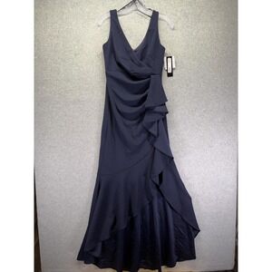 Betsy & Adam Dress Womens 4 Navy Blue Ruched Ruffle Maxi Mermaid Gown Formal